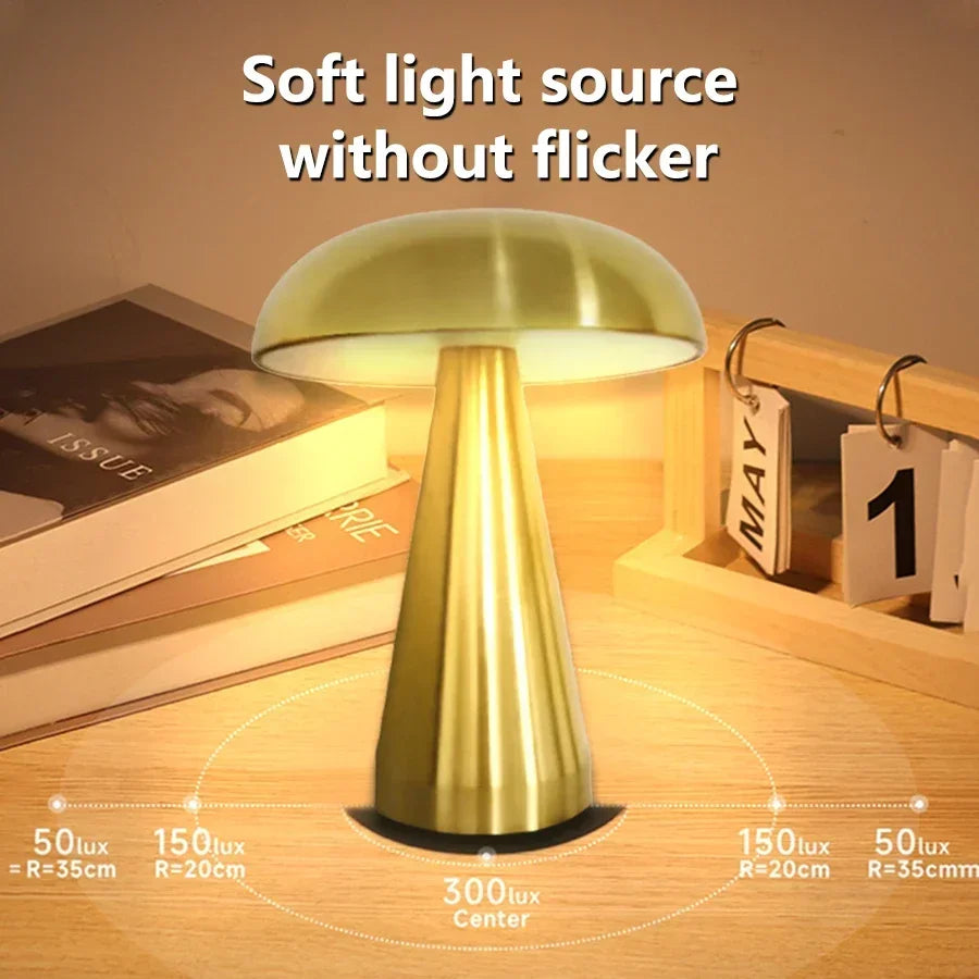 Luminaire Rechargeable Mushroom Touch LED Desk Lamp Cordless Adjustable Brightness