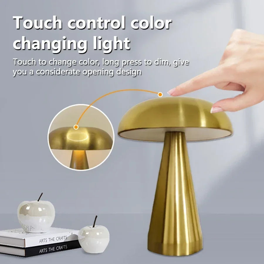 Luminaire Rechargeable Mushroom Touch LED Desk Lamp Cordless Adjustable Brightness