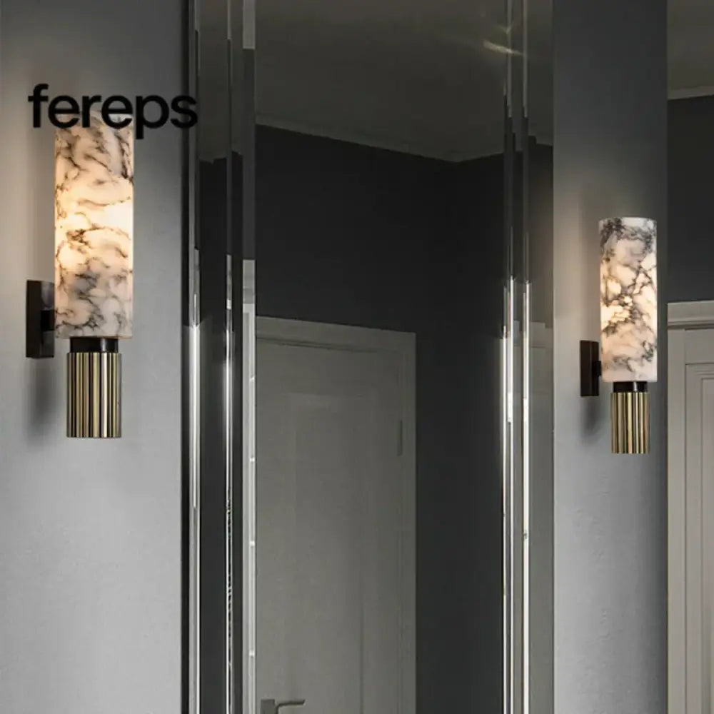 Modern Natural Marble Wall Lamp with Copper Accents – Elegant Wall Sconce Lighting for Bedroom and Corridor