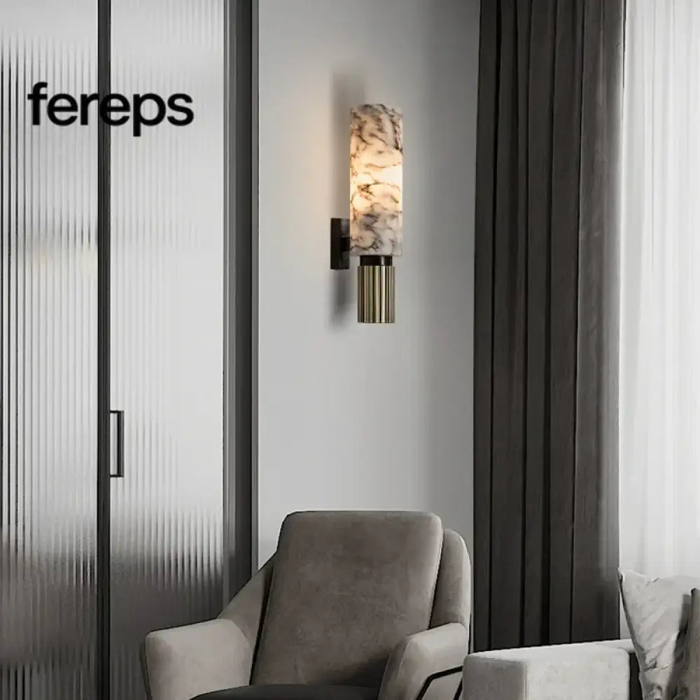 Modern Natural Marble Wall Lamp with Copper Accents – Elegant Wall Sconce Lighting for Bedroom and Corridor