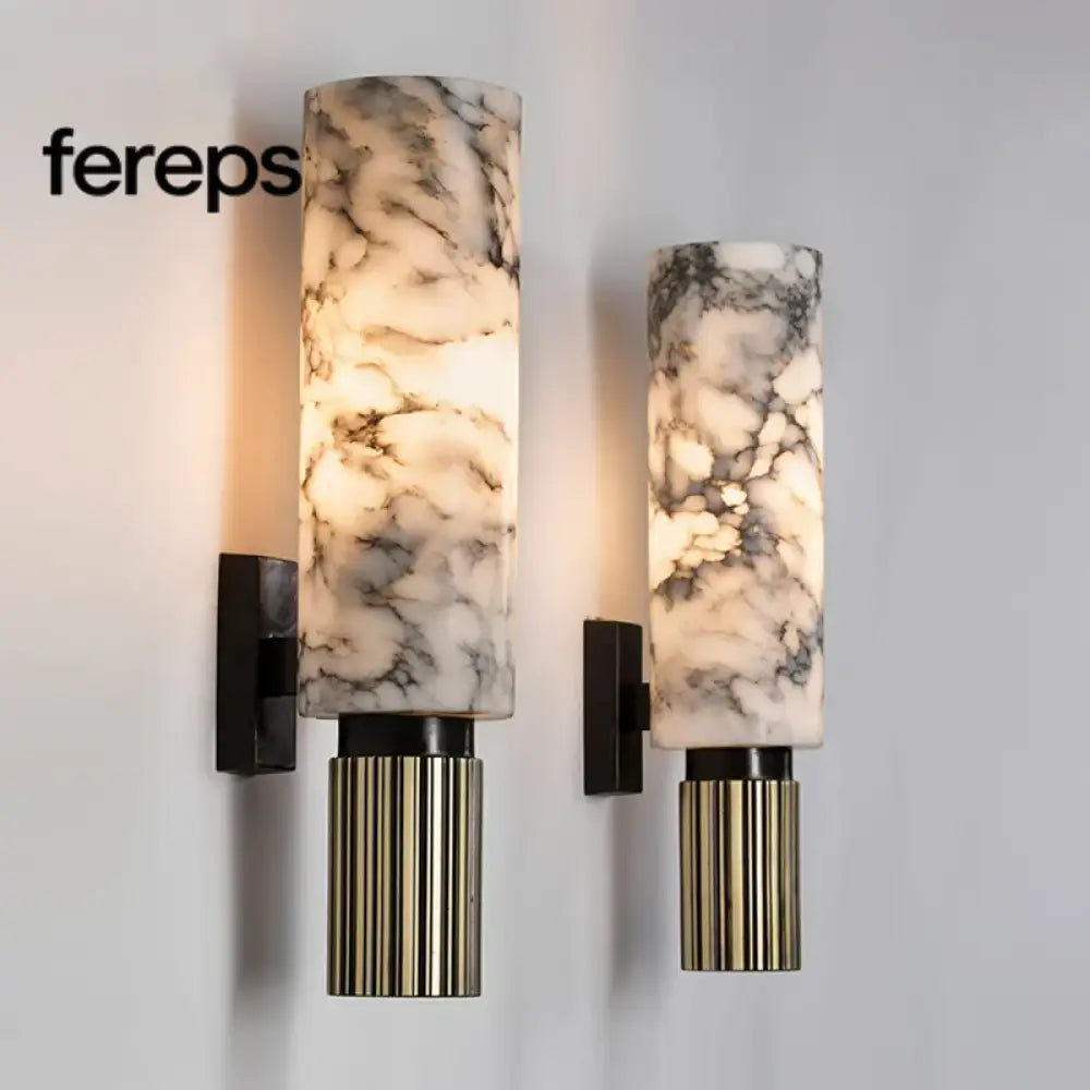 Modern Natural Marble Wall Lamp with Copper Accents – Elegant Wall Sconce Lighting for Bedroom and Corridor