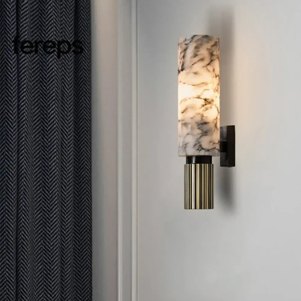 Modern Natural Marble Wall Lamp with Copper Accents – Elegant Wall Sconce Lighting for Bedroom and Corridor