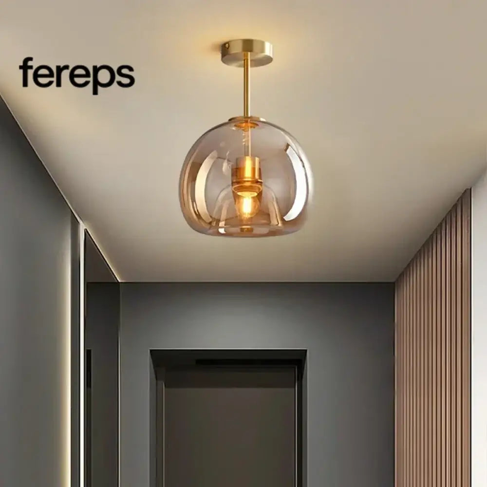Modern Nordic Ceiling Lamp with Cognac Glass Shade – LED Ceiling Lights for Dining Room and Living Spaces