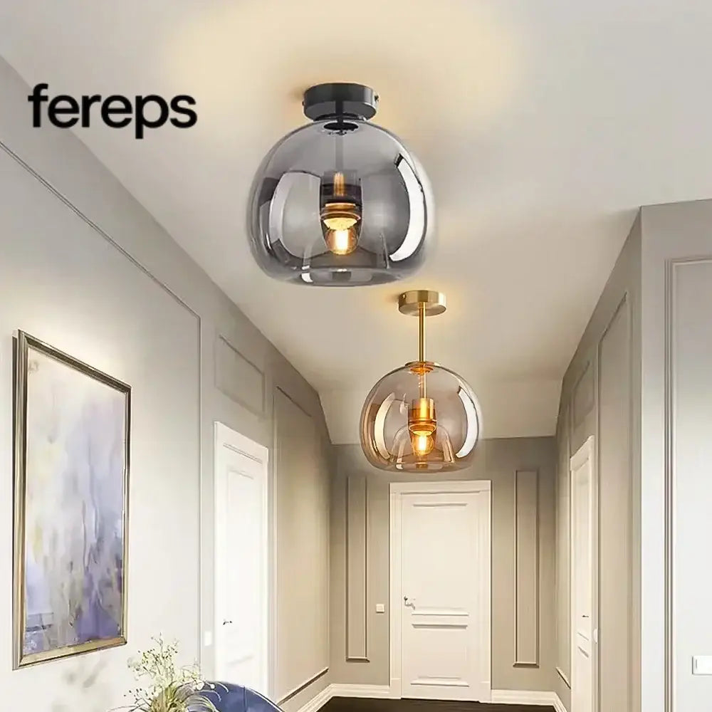 Modern Nordic Ceiling Lamp with Cognac Glass Shade – LED Ceiling Lights for Dining Room and Living Spaces