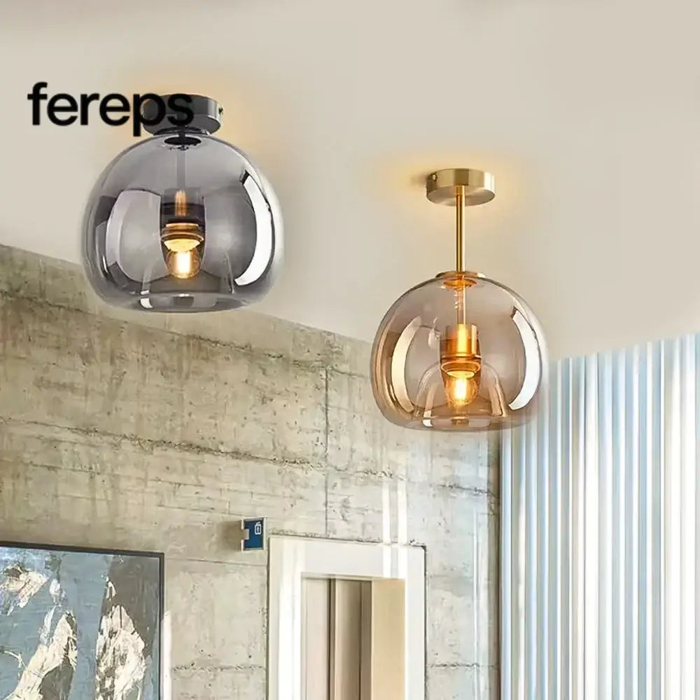 Modern Nordic Ceiling Lamp with Cognac Glass Shade – LED Ceiling Lights for Dining Room and Living Spaces