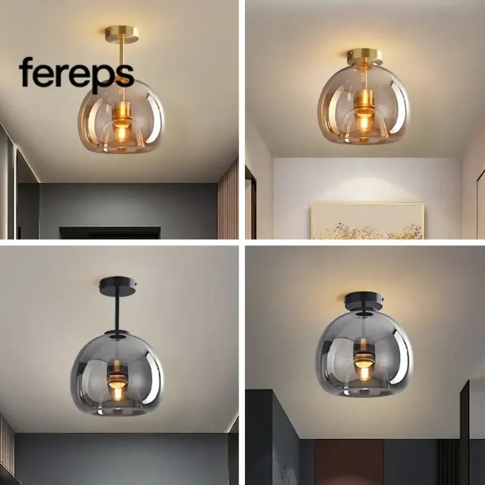 Modern Nordic Ceiling Lamp with Cognac Glass Shade – LED Ceiling Lights for Dining Room and Living Spaces