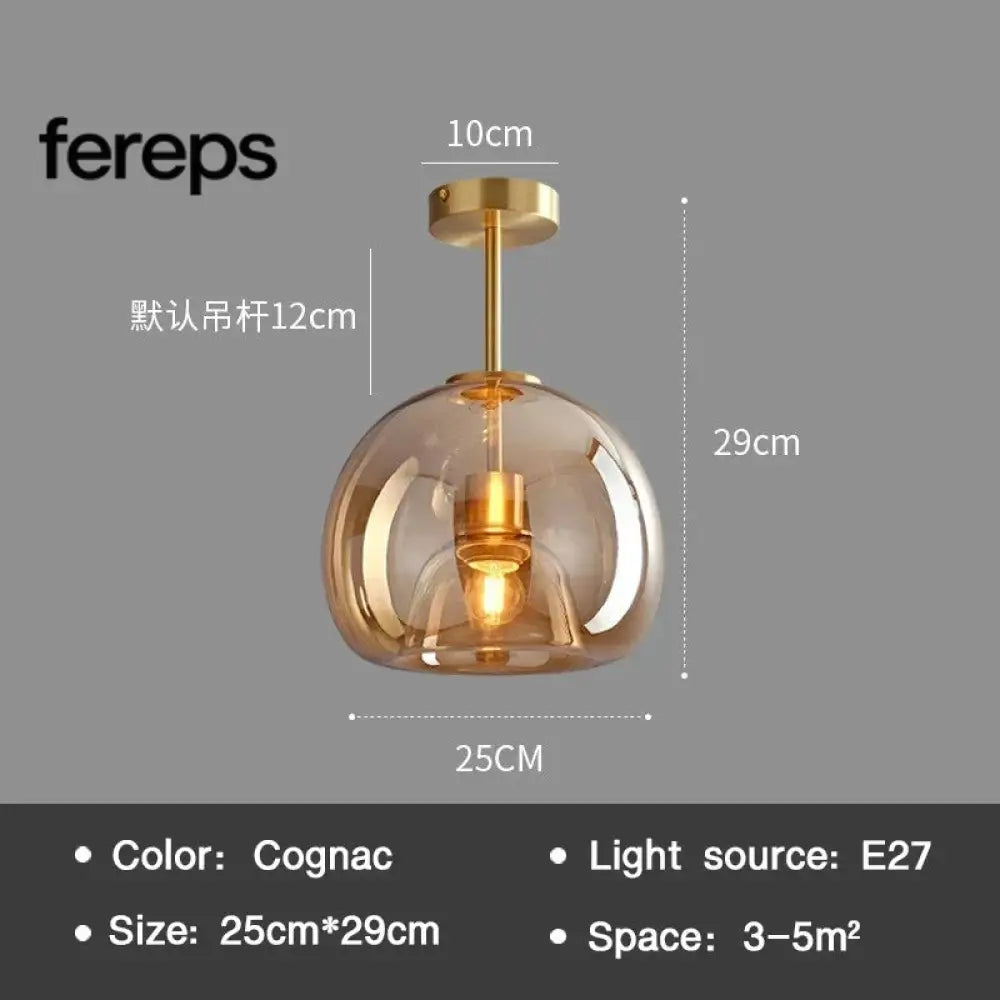 Modern Nordic Ceiling Lamp with Cognac Glass Shade – LED Ceiling Lights for Dining Room and Living Spaces B-Cognac